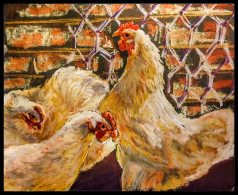 Chickens, pastel on paper