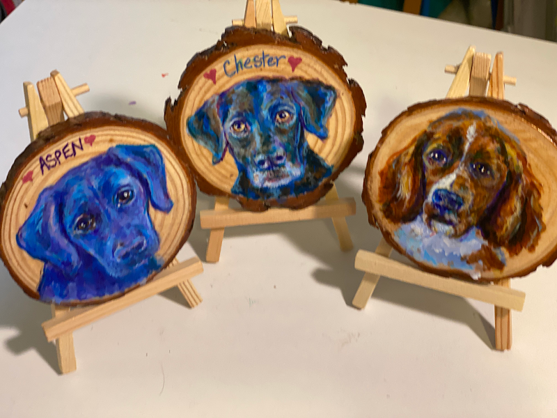 Pet Portraits in acrylic on wooden discs with easels ($60 w/easel)