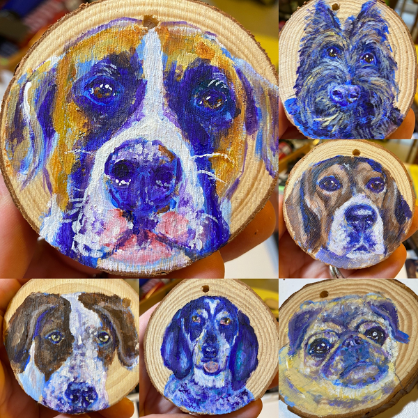 Commissioned Pet Portraits in acrylic on wooden ornament discs ($45)