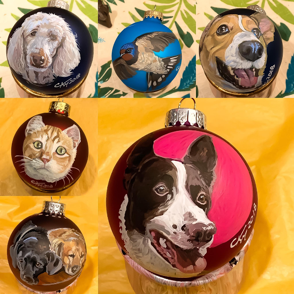 Custom pet portraits on glass ornaments