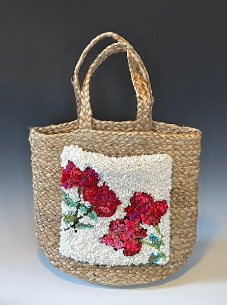 Tote with hand hooked geranium pocket