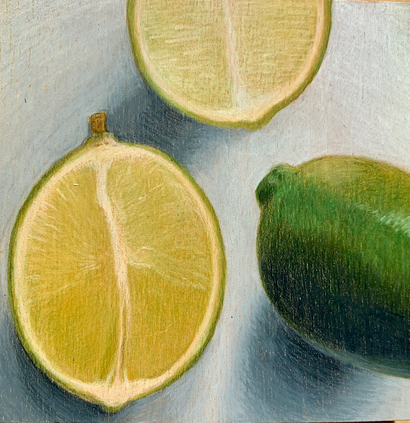 Limes, mixed media on panel