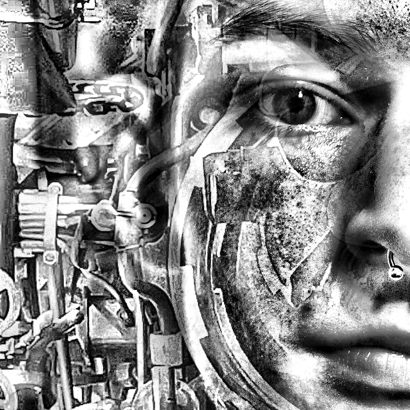 Missile Boy, part of Patricia Taylor Holz' Biomechanical digital portraits. Collaged grids & individual portraits printed on metal, styrene, metallic & archival paper.