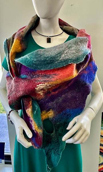 Felted Shoulder Wrap - Silk base felted with various fibers, silk threads, yarn, and fabric pieces